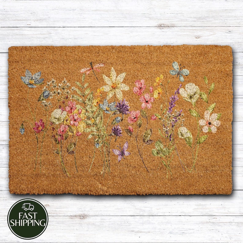 Spring Flowers Coir Doormat, Floral Front Porch Mat, Watercolor Wildflowers Home Decor, Housewarming Gift, New Home Entrance Flormat