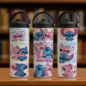 May include: Three white water bottles with black lids and handles. Each bottle features a colorful cartoon design of Stitch and Angel. One bottle has the name "Sarah" printed on it.