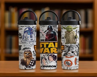 Gobelet Star Wars personnalisé avec paille pliable, gourde en acier Galaxy's Edge personnages, verres pour fans de Star Wars, cadeau pour amateur de science-fiction