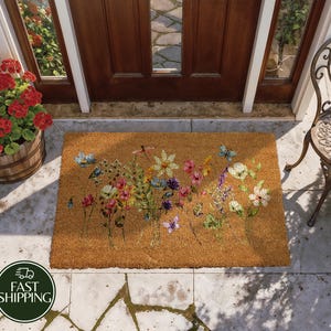 Spring Flowers Coir Doormat, Floral Front Porch Mat, Watercolor Wildflowers Home Decor, Housewarming Gift, New Home Entrance Flormat