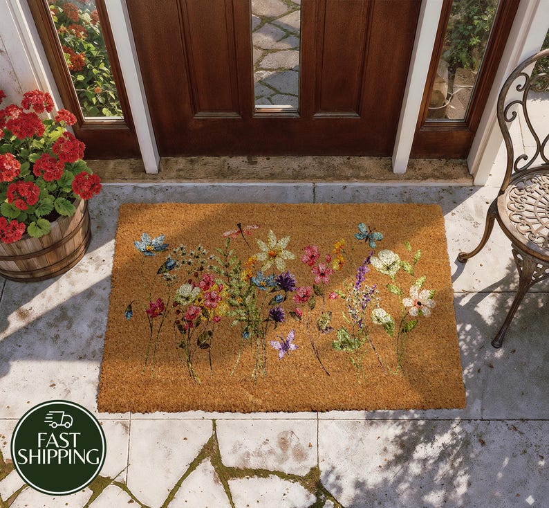 Spring Flowers Coir Doormat, Floral Front Porch Mat, Watercolor Wildflowers Home Decor, Housewarming Gift, New Home Entrance Flormat