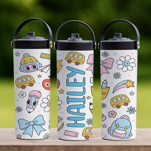 Personalized Floral School Tumbler For Kids, Cute Back To School Tumbler With Foldable Straw, Kindergarten Student Gift Steel Water Bottle
