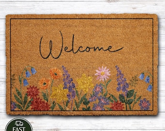 Wildflowers Pattern Welcome Mat, Colorful Spring Season Coir Doormat, Cottage Core Home Entrance Decor, Boho Floral Housewarming Gift