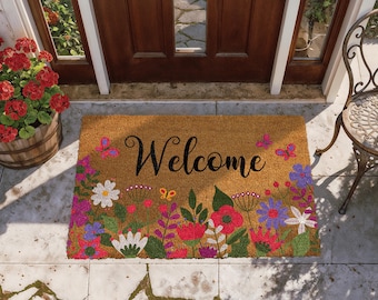 Butterfly & Flowers Welcome Mat, Floral Welcome Doormat, Cute Housewarming Gift, Spring Front Porch Decor,  Cottagecore Home Entrance Rug