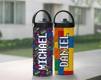 Personalized Building Block Kids Water Bottle, Custom Name Brick Toy Design Kids Tumbler, Play Date Toddle Cup, Birthday Party Gift for Boys