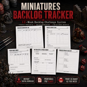 May include: A Miniatures Backlog Tracker printable PDF system featuring five white sheets with black text and grids for project management. The sheets include a Backlog Inventory Log, Weekly Sprint Plan, Quick Wins Finder, 12-Week Target, and Finished Projects Gallery, designed for tracking hobby model painting progress.