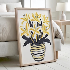 Impresión artística de pared con flor de lirio amarillo, ilustración botánica moderna, jarrón a rayas, obra de arte floral, decoración contemporánea para el hogar, regalo para ella
