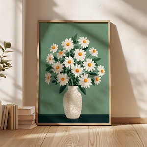 Minimalist Daisy Flower Vase Art Print Green Botanical Wall Art Modern Floral Poster Contemporary Artwork Digital Download Living Room
