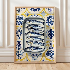 May include: A vintage-style illustration of a can of sardines, with a blue and white tiled background. The sardines are arranged in a row, with their tails facing the viewer. The can is open, and the sardines are visible inside.