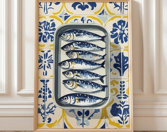 Decorazione murale con sardine portoghesi / Motivo a piastrelle blu e gialle con stampa di pesci / Arredamento cucina mediterraneo / Opera d'arte digitale a tema costiero
