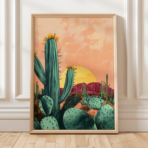 Wüste Kaktus Wand Kunst Sonnenuntergang Landschaft Druck Kaktusfeige und Saguaro Poster Naturdekor Warme Bunte Boho Wüstenszene