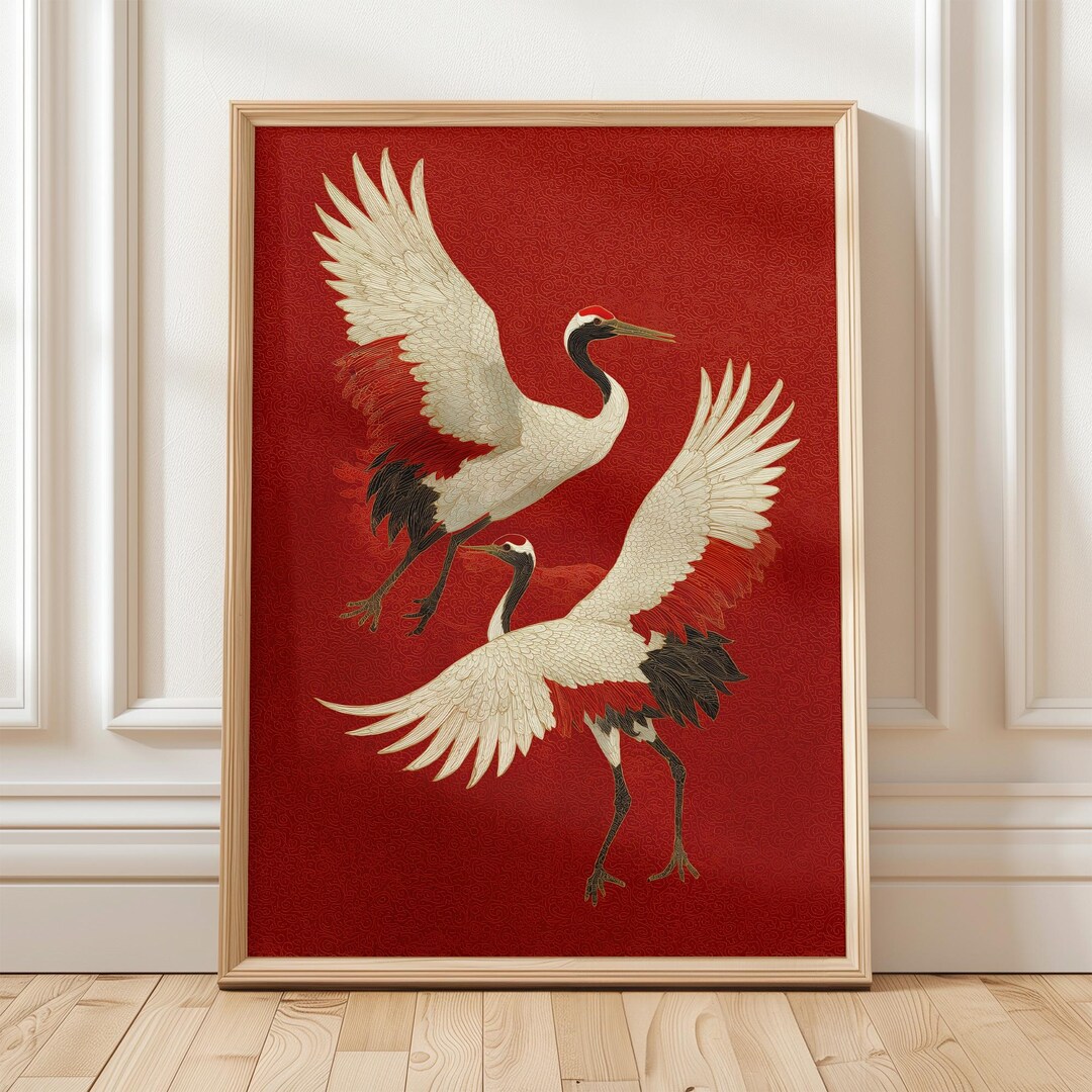 Japanese Crane Wall Art Red Gold Asian Bird Print Oriental Decor Zen ...