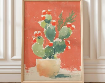 Lámina decorativa navideña de cactus color coral / Impresión de plantas festivas, descarga instantánea / Decoración navideña bohemia para el hogar