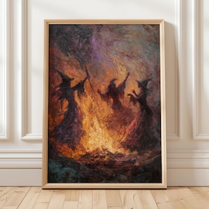 Witches Dancing Around Fire – Mystical Halloween Wall Art Oil Painting Style with Warm Flames and Dark Magical Night Poster