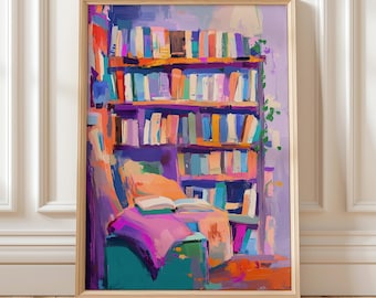 May include: An abstract painting of a reading nook. A wooden framed print features a bookshelf filled with colourful books, a teal chair, and a pink blanket. An open book rests on the chair, inviting the viewer to relax and read.