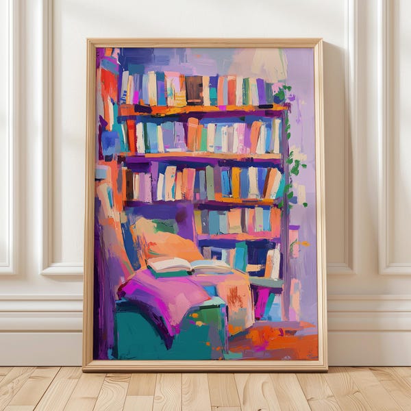 Bunte Bücherecke Wandkunst Gemütliche Leseecke Gemälde Bibliothek Bücherregal Druck Lebendiges Leseplakat für Buchliebhaber Abstrakte Buchkunst