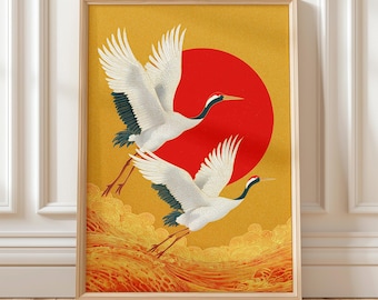 Japanese Crane Wall Art Red Sun Oriental Bird Print Vintage Asian Style Minimalist Nature Home Decor