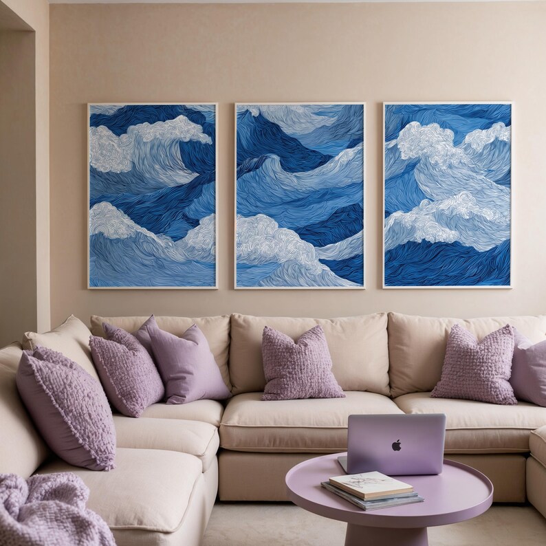 Blue Wave Wall Art Set of 3 Prints | Navy White Ocean Swirl Triptych ...