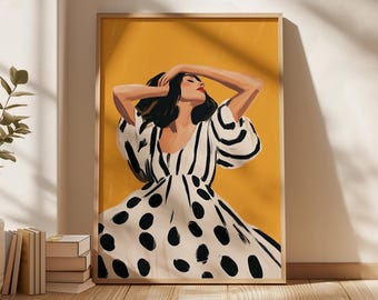 Stylish Woman in Polka Dot Dress Fashion Illustration Modern Figurative Wall Art Chic Contemporary Feminine Home Decor Print