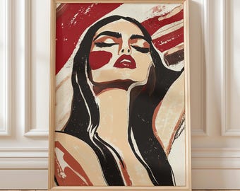 Woman Face Wall Art Print, Red Lips Bold Portrait Poster, Fashion Illustration Home Decor Gift