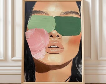 モダンな抽象的な女性の顔の壁掛けアート、緑とピンクの現代的な女性の肖像画プリント、大胆なメイクアップポスター、デジタルダウンロード、Etsyの装飾