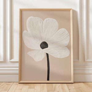 Minimalistische bloemenkunst - moderne muurafdruk met witte bloemen, elegante botanische illustratie, neutraal bohodecor voor slaapkamer of woonkamer