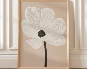 Minimalist Flower Art - Modern White Bloom Wall Print, Elegant Botanical Illustration, Neutral Boho Decor for Bedroom or Living Room