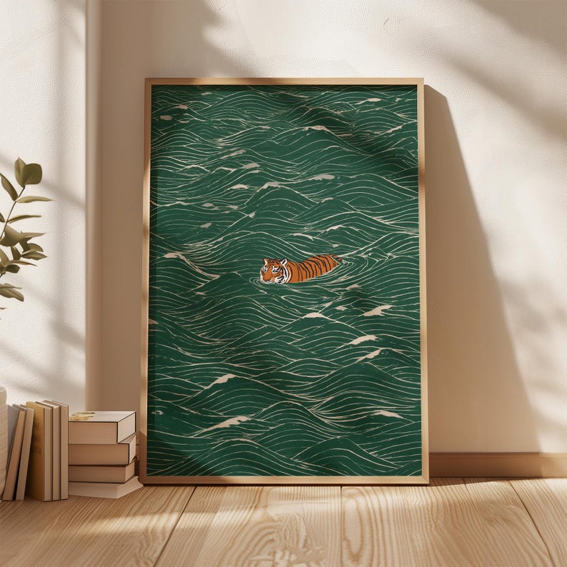 Stampa Zen Wave con tigre giapponese che nuota, arte murale minimalista Ukiyo-e, decorazione asiatica giapponese immagine 2
