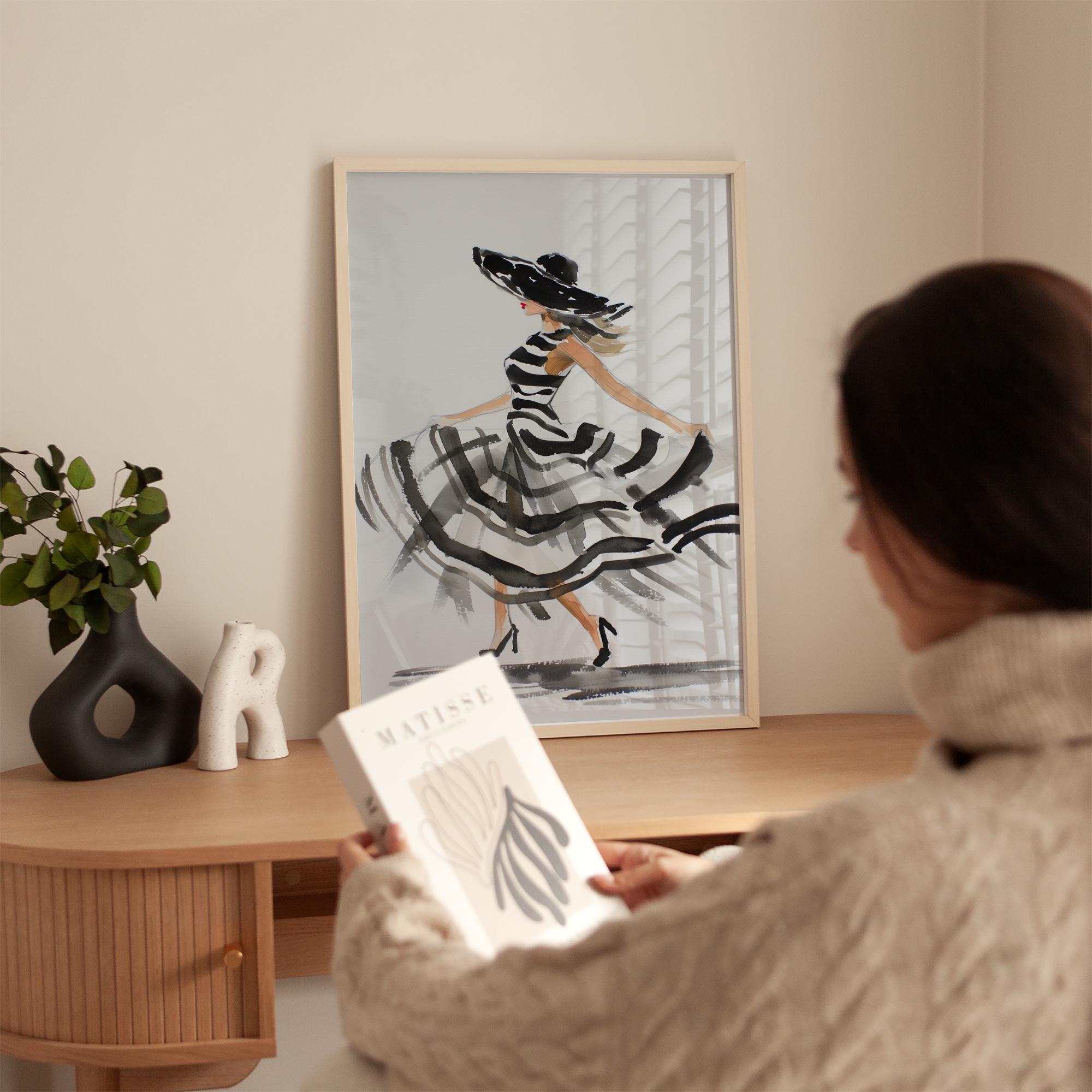 Elegant Fashion Illustration Black and White Striped Dress Modern Woman ...