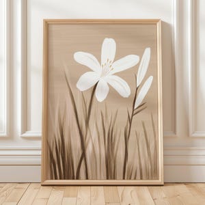 Neutral Botanical Wall Art White Wildflower Print Minimalist Grass Illustration Beige Floral Poster Modern Natural Decor Digital Download