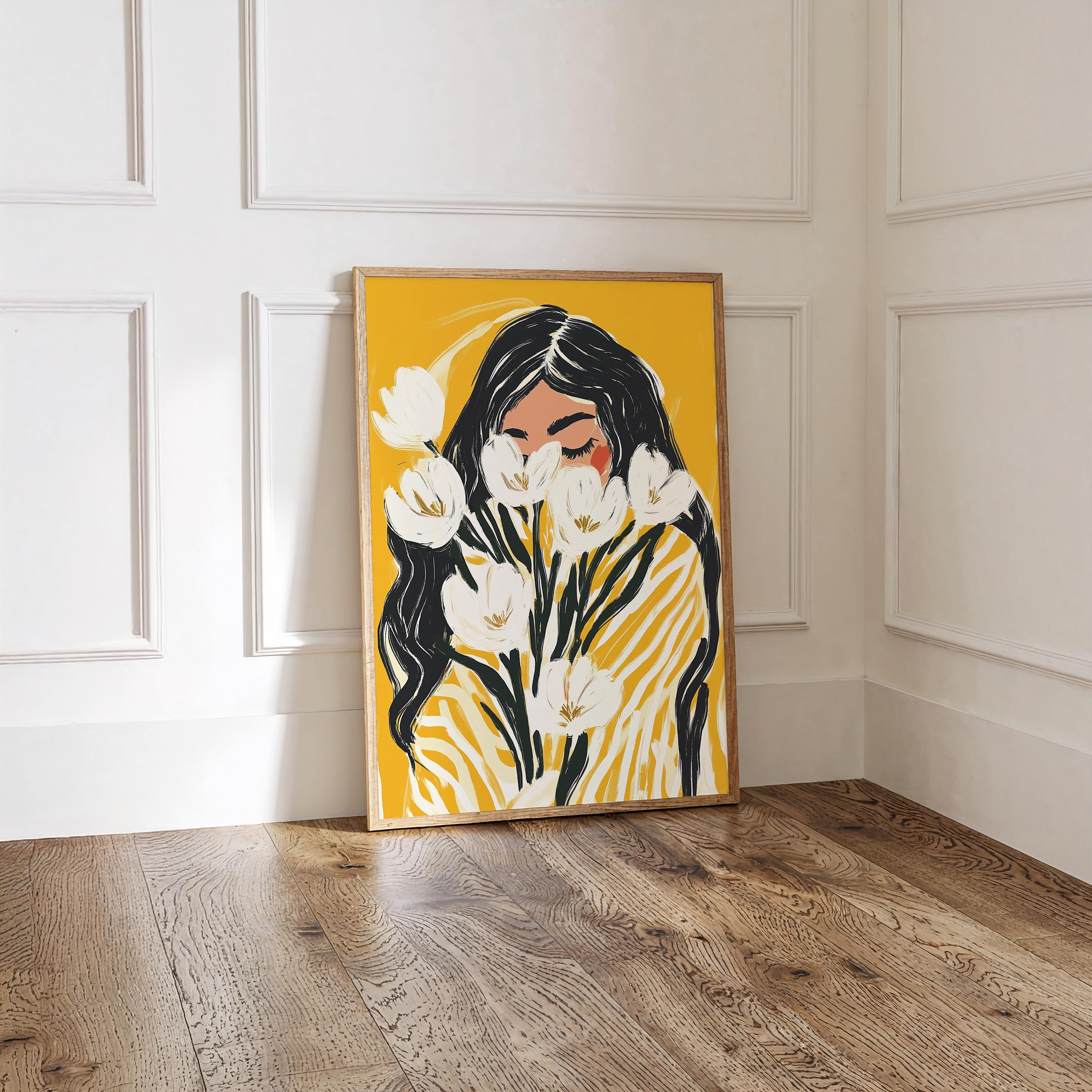 Modern Floral Woman Wall Art Print Yellow Abstract Portrait ...