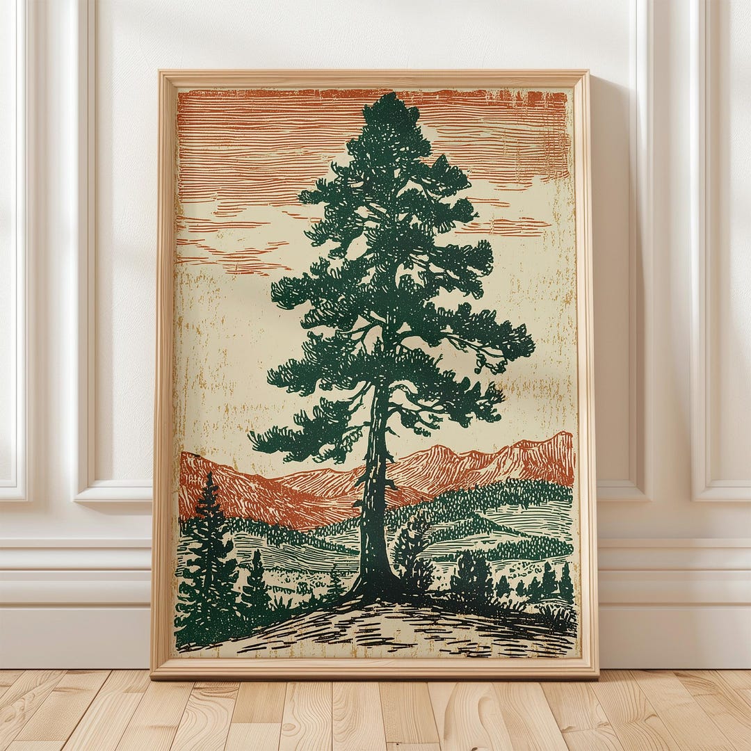 Pine Tree Wall Art Print | Green Terracotta Vintage Engraving Poster ...