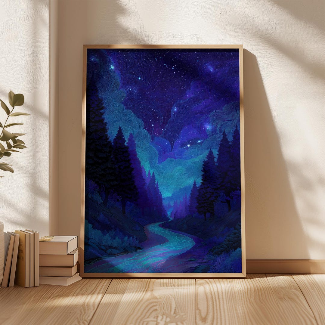 Starry Night Forest Wall Art Print | Deep Blue Purple River Poster ...