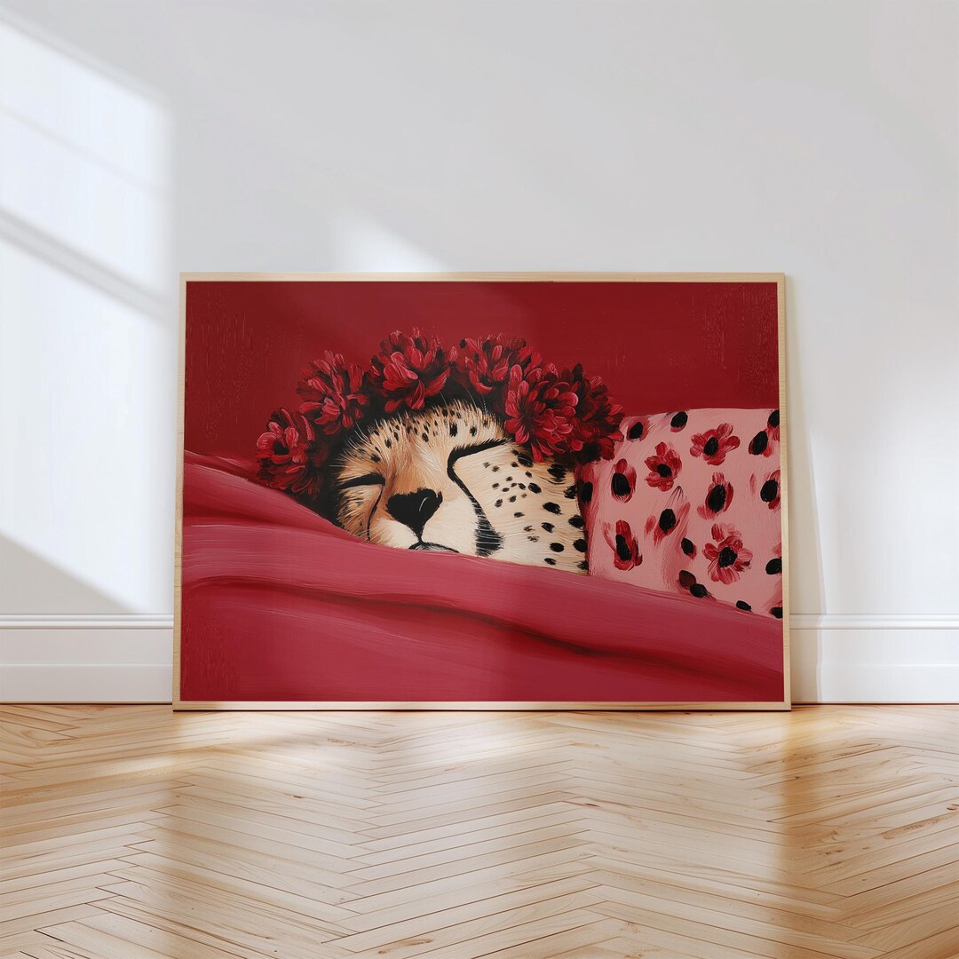 Sleeping Cheetah Floral Wall Art Print | Red Pink Wild Cat Crown Poster ...