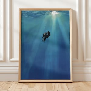 Angler Fisch Kunstdruck, geheimnisvolle Ozean Wandkunst, dunkelblau Tiefsee aquatische Illustration, Anglerfisch Unterwasser-Szene, printable