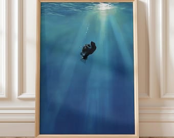 Angler Fish Art Print, Mysterious Ocean Wall Art, Dark Blue Deep Sea Aquatic Illustration, Anglerfish Underwater Scene, Printable