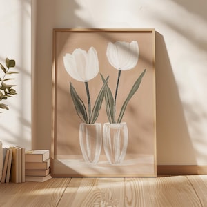 Arte de pared de tulipán blanco, estampado floral botánico neutro, póster floral minimalista, jarrón estético beige, decoración vegetal escandinava imprimible