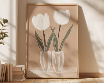 White Tulip Wall Art Neutral Botanical Flower Print Minimalist Floral Poster Beige Aesthetic Vase Art Scandinavian Plant Decor Printable