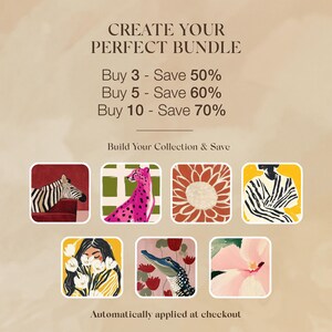 Op de afbeelding: Een advertentie die een bundeldeal promoot. De tekst luidt "CREATE YOUR PERFECT BUNDLE" met besparingen tot 70%. De afbeelding toont verschillende vierkante illustraties van een zebra, cheetah, bloem en andere ontwerpen.