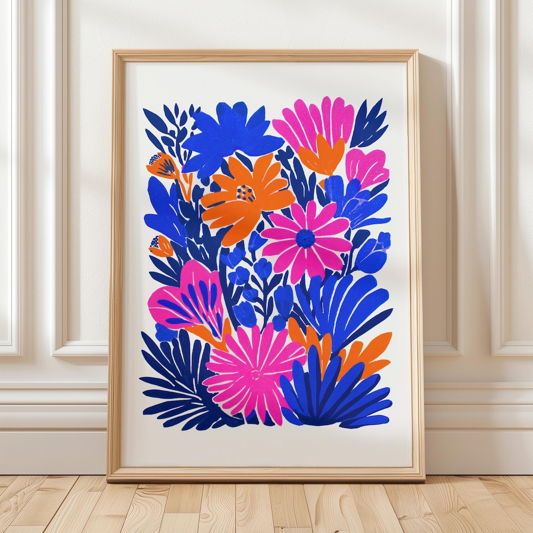 Bold Floral Print, Blue Pink Orange Flower Wall Art, Colorful Botanical ...