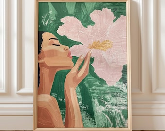 Modern Botanical Artwork, Floral Wall Art Print, Digital Download, Green and Pink Minimalist Decor, Tropical Woman Portrait
