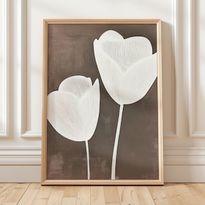 Art mural floral minimaliste dessin au trait impression botanique neutre illustration de fleurs art moderne marron beige art contemporain imprimable