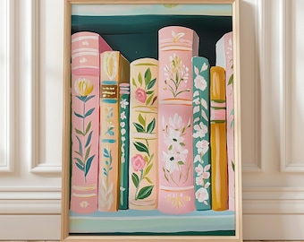 Pastel Bookshelf Wall Print | Vintage Floral Book Spines Digital Art | Aesthetic Home Decor | Library Inspired Art for Book Lovers