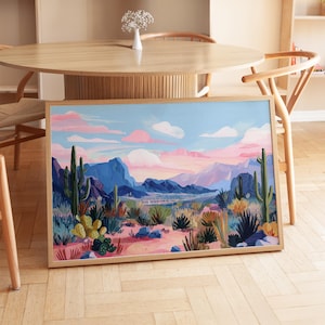 Colorful Desert Landscape Print Cactus Art Southwestern Wall Decor Modern Nature Illustration Cactus Sunset Scene Printable Western Poster