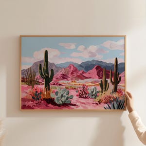 Colorful Desert Wall Art Pink Mountain Cactus Landscape Print Bold Southwestern Decor Cactus Painting Nature Artwork Western Style Poster