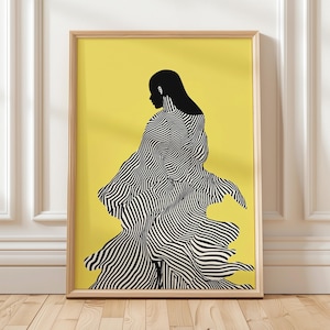 Abstract Woman Wall Art Black and White Striped Dress on Yellow Background Modern Minimalist Print Optical Illusion Female Silhouette Poster