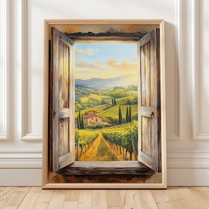 Tuscany Window View Print Vineyard Landscape Wall Art Rustic Farmhouse Poster Italian Countryside Decor Green Hills Painting
