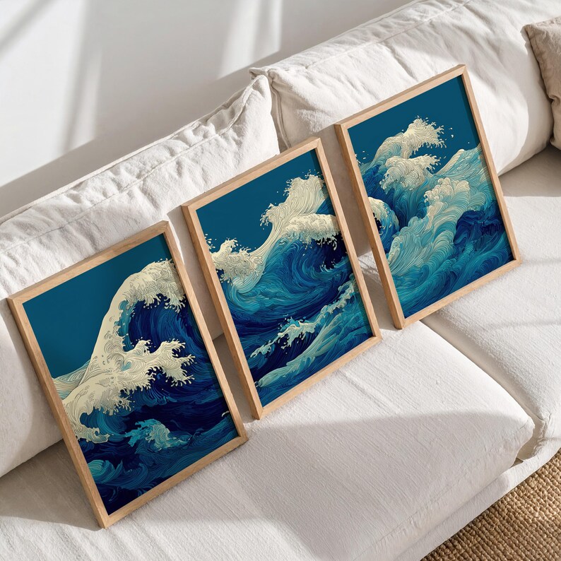 Japanese Wave Triptych Set of 3 Prints, Blue Ocean Wall Art Poster ...