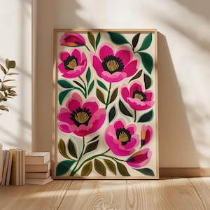 Bold Pink Flower Wall Art Print Modern Botanical Illustration Colorful Floral Painting Digital Print Scandinavian Flower Poster