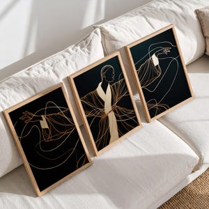 Minimal Line Art Wall Art Set of 3 Black Gold Abstract Prints Modern Triptych Artwork Elegant Contemporary Home Decor for Living Room